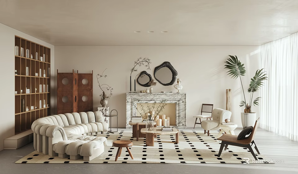 Elegant Living Room Interior With Curved Sofa Wooden Bookshelf Fireplace Black White Rug Green Plants 3d model 