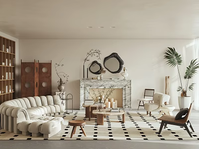 Elegant Living Room Interior With Curved Sofa Wooden Bookshelf Fireplace Black White Rug Green Plants 3d model