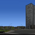 Modern High Rise Office Building With Glass Facade Surrounding Street Greenery And Vehicles