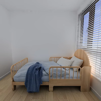 Wooden Single Bed With Blue Quilt And Pillows White Walls Wooden Floor And Window Blinds 3d model