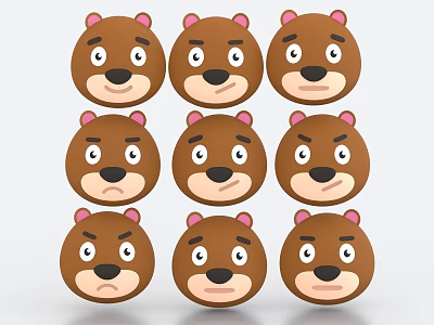 Cute 3D Cartoon Bear Heads Wall Decor With Various Expressions 3d model