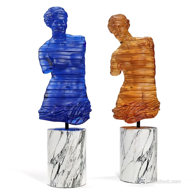 Two Blue And Orange Striped Torso Sculptures With Marble Bases 3d model 