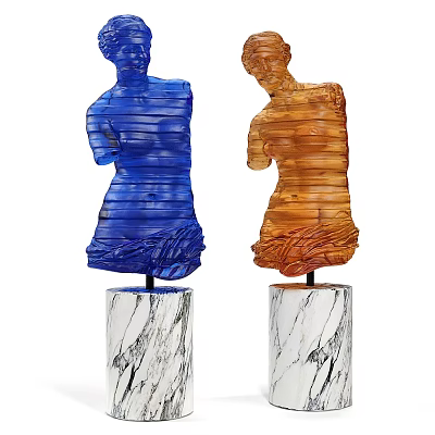 Two Blue And Orange Striped Torso Sculptures With Marble Bases 3d model