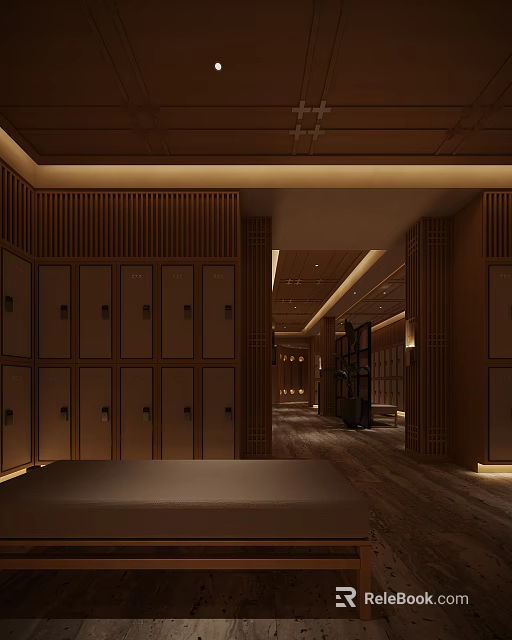 Wooden Locker Room Interior With Spacious Corridor And Warm Ambient Lighting 3d model 