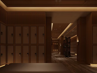 Wooden Locker Room Interior With Spacious Corridor And Warm Ambient Lighting 3d model
