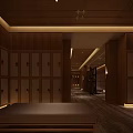 Wooden Locker Room Interior With Spacious Corridor And Warm Ambient Lighting