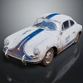 Vintage Classic Car With White Body And Blue Racing Stripes Old Worn Exterior Design