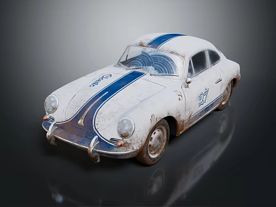Vintage Classic Car With White Body And Blue Racing Stripes Old Worn Exterior Design 3d model