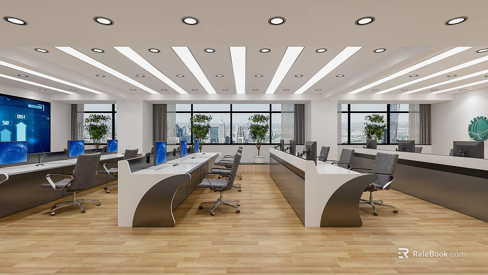 Modern Monitoring Room With Desks Computers Office Chairs Large Windows City View And Green Plants 3d model 