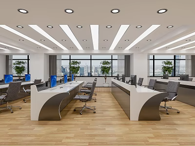 Modern Monitoring Room With Desks Computers Office Chairs Large Windows City View And Green Plants 3d model
