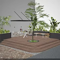 Elegant Terrace Garden Landscape With Illuminated Steps Central Tree And Outdoor Dining Set