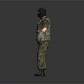 3D Character in Camouflage Uniform Black Balaclava Standing Arms Outstretched Gray Background 3d model