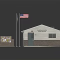 Small Township Building With Blue Roof American Flag And Bulletin Board