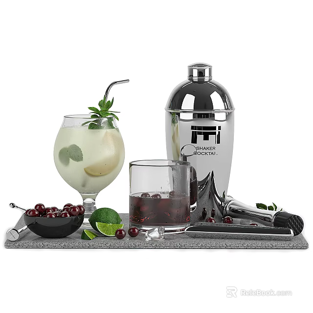 Refreshing Cocktail Drink with Pear Lime Cherry Garnish and Stainless Steel Shaker on Gray Tray 3d model 