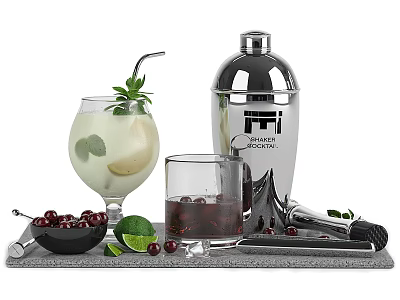 Refreshing Cocktail Drink with Pear Lime Cherry Garnish and Stainless Steel Shaker on Gray Tray 3d model