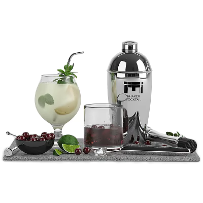 Refreshing Cocktail Drink with Pear Lime Cherry Garnish and Stainless Steel Shaker on Gray Tray 3d model