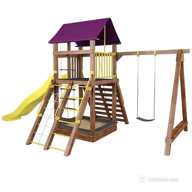 Outdoor Wooden Playground Equipment With Purple Roof Yellow Slide Swings And Climbing Net 3d model 