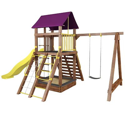 Outdoor Wooden Playground Equipment With Purple Roof Yellow Slide Swings And Climbing Net 3d model