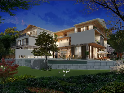 Modern Detached Villa Architectural Design Night View with Lush Greenery Trees and Lawn 3d model
