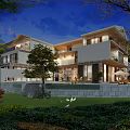 Modern Detached Villa Architectural Design Night View with Lush Greenery Trees and Lawn