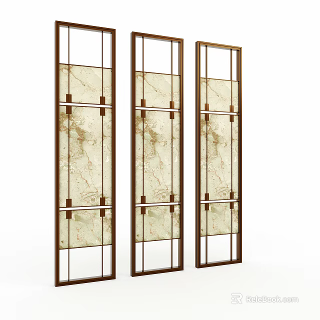 Three Panel Room Divider With Metal Frame And Textured Glass Design 3d model