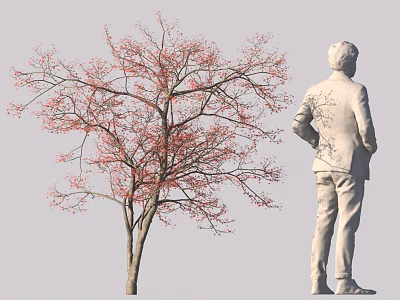 Statue With Tree Pattern On Back Next To Blossoming Red Leaf Tree 3d model