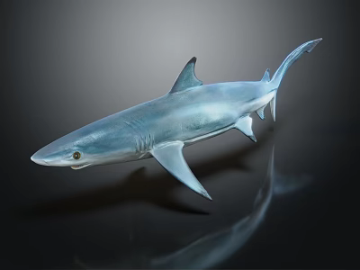 Realistic Blue Shark Model Swimming With Silver Blue Body And Reflection On Dark Surface 3d model