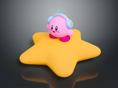 Cute Pink Cartoon Character Wearing Blue Headphones Sitting On Yellow Star 3d model