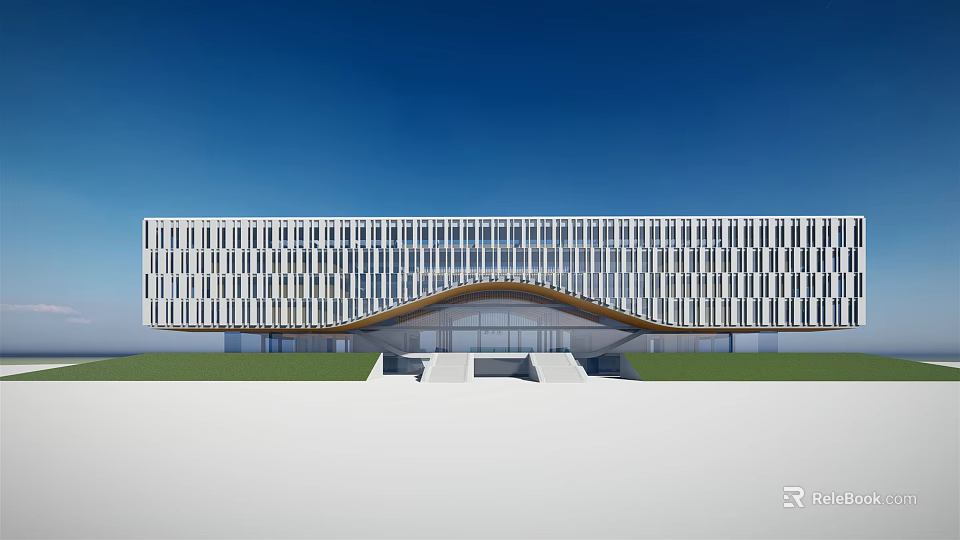 Modern School Building Exterior With Curved Roof White Facade And Glass Curtain Wall 3d model 