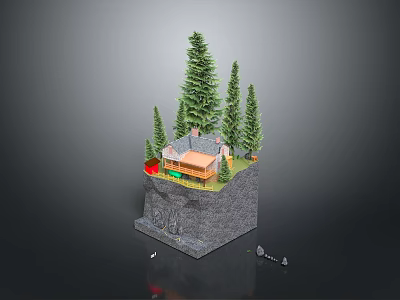 Miniature Scene With Small House Pine Trees Rock Base And Green Grass 3d model