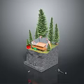Miniature Scene With Small House Pine Trees Rock Base And Green Grass