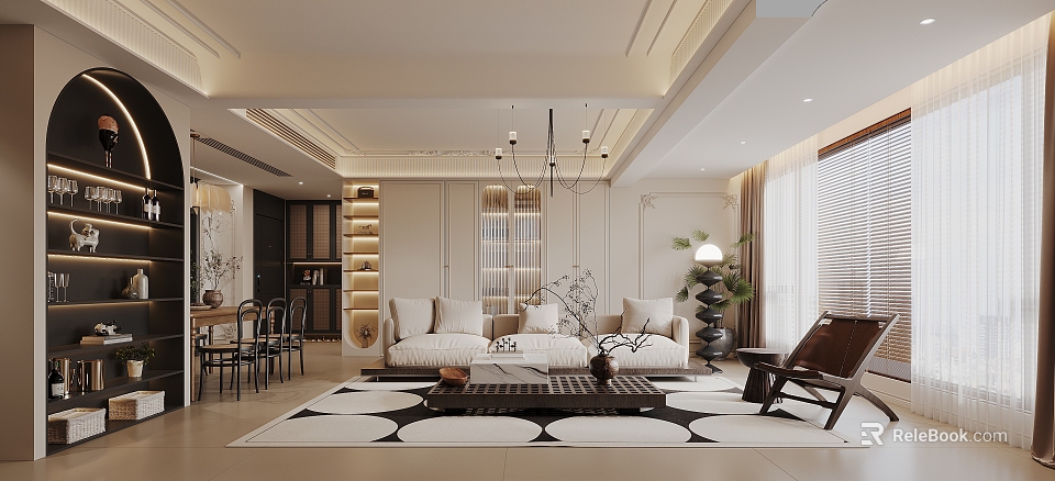 Elegant Modern Living Dining Room Interior With Sofa Dining Table Chandelier Area Rug And Green Plants 3d model 