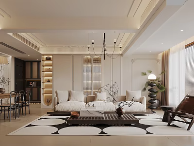 Elegant Modern Living Dining Room Interior With Sofa Dining Table Chandelier Area Rug And Green Plants 3d model