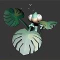 Vibrant Green Decorative Ornament With Large Tropical Leaves And Small Figure On Round Base