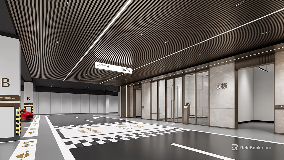 Modern Parking Garage Interior Design With Ceiling Lines Glass Entrance Doors And Checkered Floor 3d model 