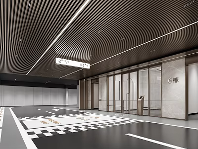 Modern Parking Garage Interior Design With Ceiling Lines Glass Entrance Doors And Checkered Floor 3d model