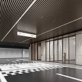 Modern Parking Garage Interior Design With Ceiling Lines Glass Entrance Doors And Checkered Floor