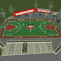 Outdoor Basketball Court With Fenced Area Green Surface Parking Trees And Lighting
