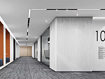 Modern Office Corridor With Gray Carpet Flooring White Walls Glass Partitions And Recessed Ceiling Lights 3d model