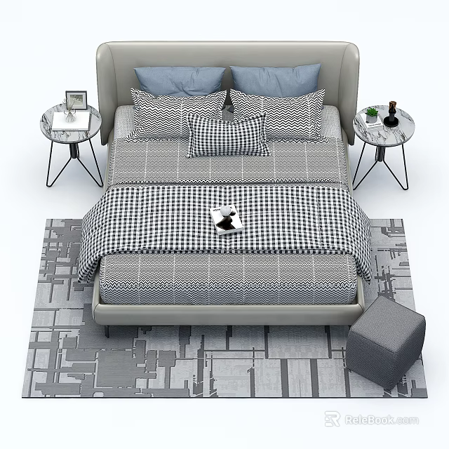 Modern Gray Double Bed With Checkered Bedding Nightstands And Decorative Rug 3d model