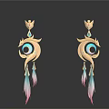 Elegant Golden Earrings Featuring Blue Gem And Pink Feather Tassels Design
