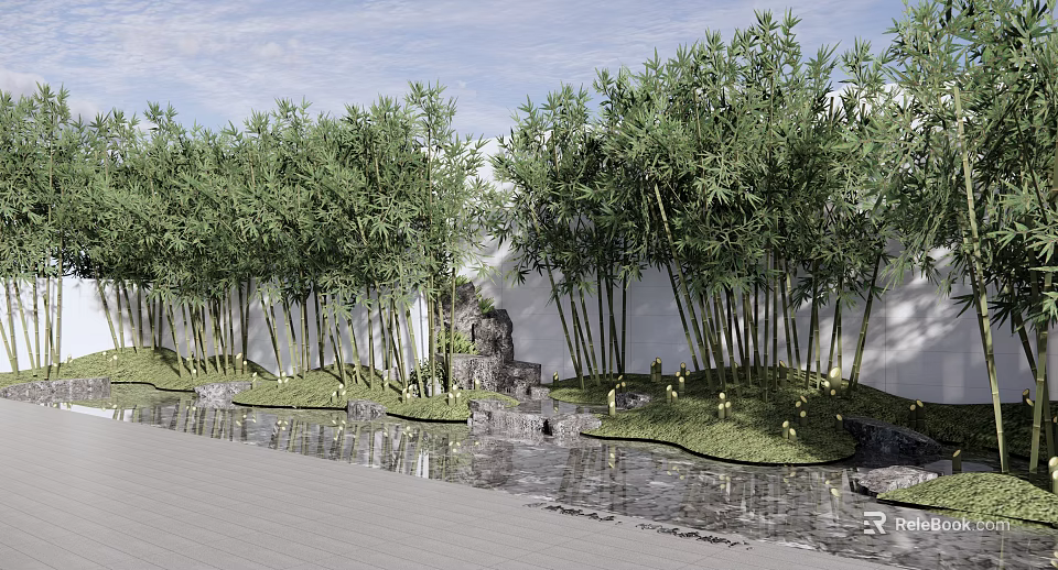 Courtyard Garden Featuring Bamboo Trees White Wall Stone Path And Pond With Rockery 3d model 