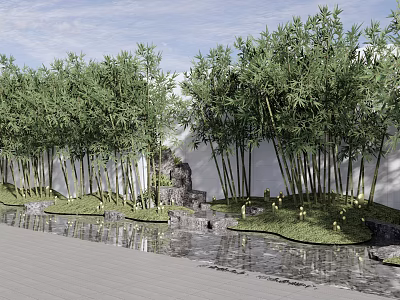 Courtyard Garden Featuring Bamboo Trees White Wall Stone Path And Pond With Rockery 3d model