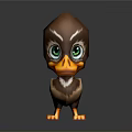 3D Cartoon Duckling With Brown Feathers Green Eyes Orange Beak And Feet On Dark Background