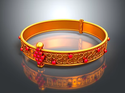 Elegant Golden Bangle Adorned With Red Gemstones And Intricate Patterns Shiny Design 3d model