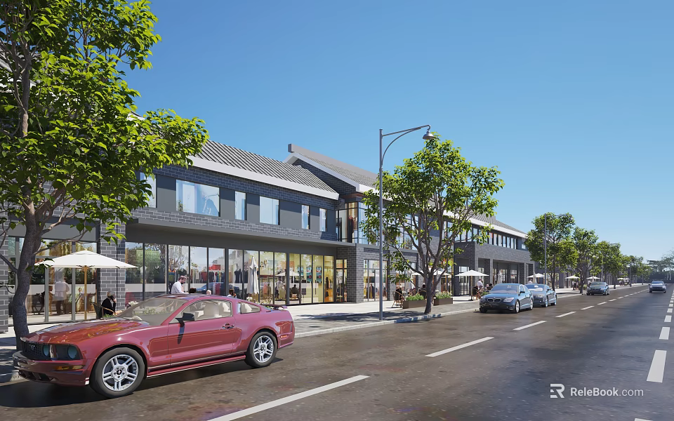 Bustling Commercial Street With Modern Storefronts Pedestrians Parked Cars Trees And Street Lamps 3d model 