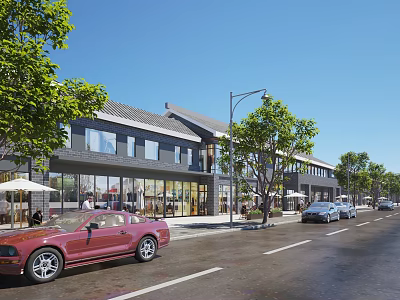 Bustling Commercial Street With Modern Storefronts Pedestrians Parked Cars Trees And Street Lamps 3d model