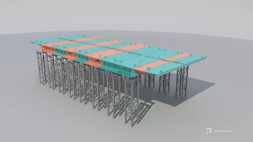 Bridge Undercarriage Structure With Steel Support Frames Blue Deck And Orange Beams 3d model 