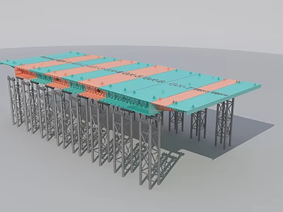Bridge Undercarriage Structure With Steel Support Frames Blue Deck And Orange Beams 3d model