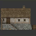 Traditional Rustic Cottage With Wooden Roof Stone Wall Base Wooden Stairs Chimney And Barrel
